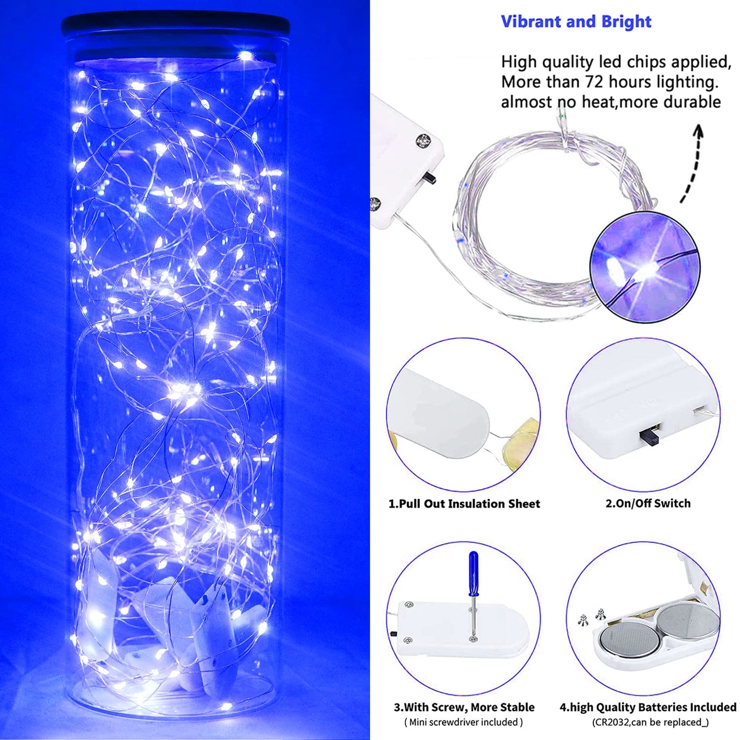 SmilingTown Fairy String Lights, 20 LED, 6.6FT, Battery Operated, Silver Copper Wire, Blue for DIY Party Decorations