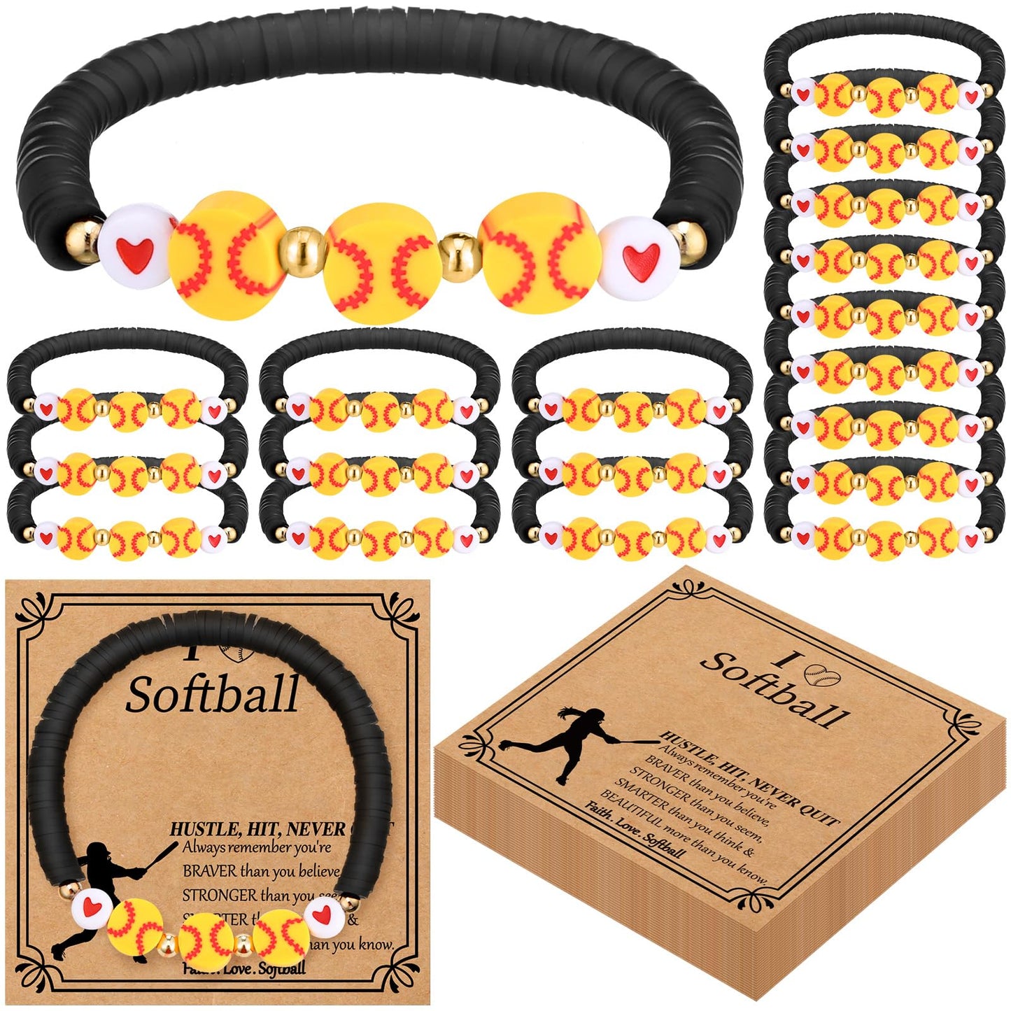 Ecation 20 Set Sport Softball Bracelets Team Gift Bulk Adjustable Bead Ball Charm Bracelet with Inspirational Card for Sport Sof