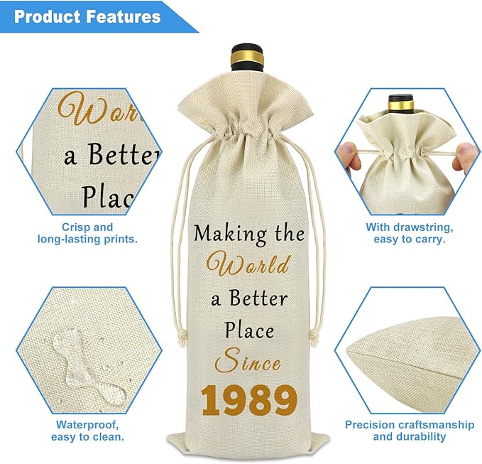 35th Birthday Gift for Women Men 1989 Wine Bag 35 Year Old Party Reusable Decorations Wine Bottle Bag Happy 35th Anniversary Birthday Gift Idea for Mom Dad Husband Wife Daughter Sister Aunt Friends