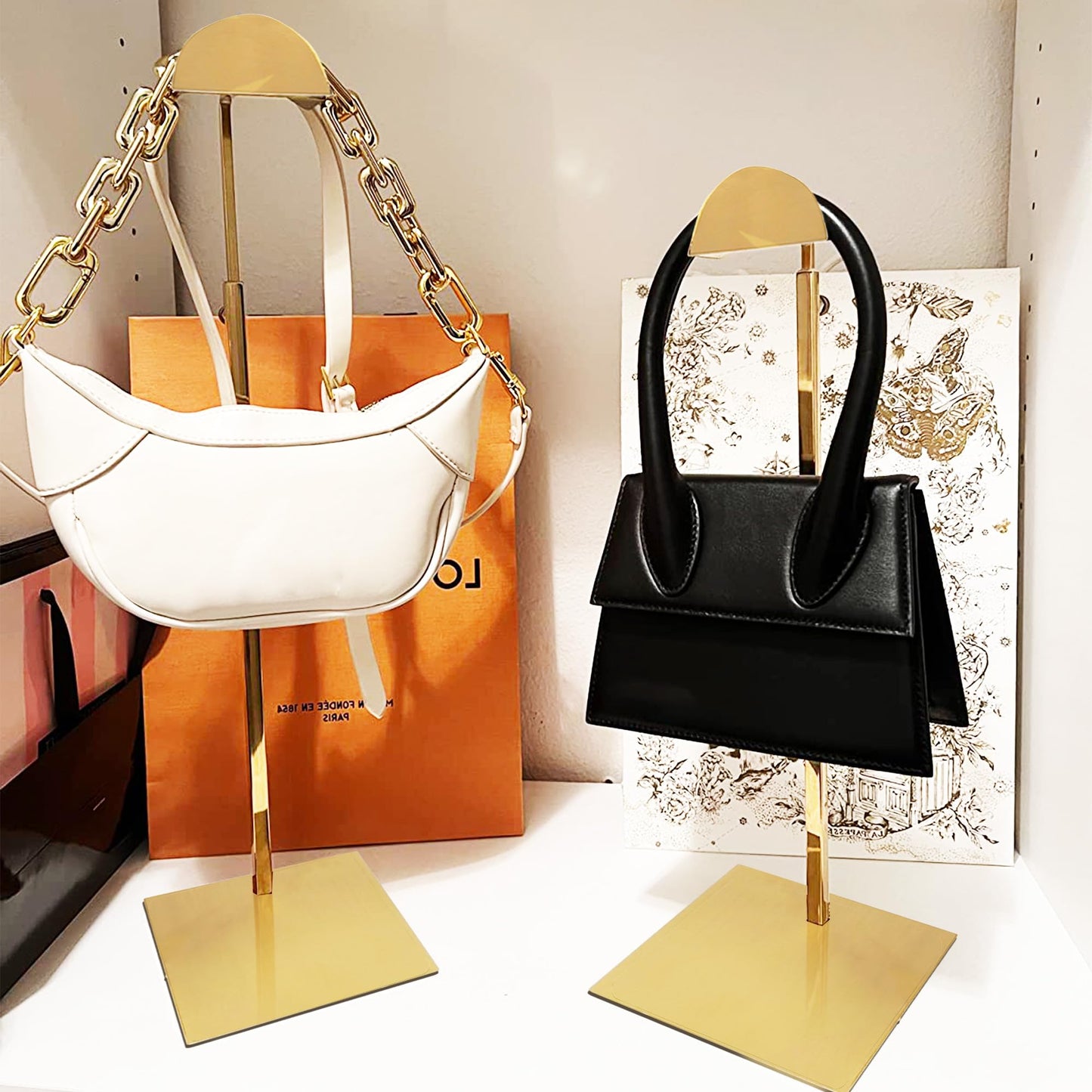 Royxen 3 Pack Purse Holder, Purse Display Stand with Adjustable Height, Bag Stands for Display, Stainless Steel Purse Rack for Bags Organizer (Gold)
