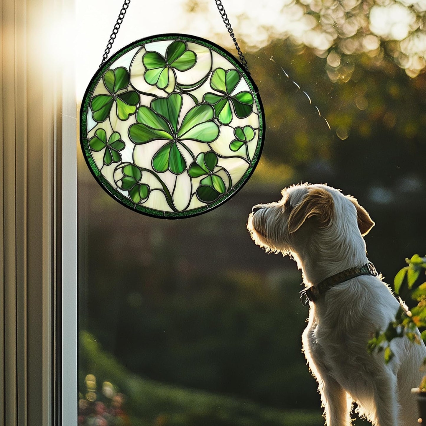 Stained Glass Window Hanging - Green Clover Flowers Suncatcher for Doors Garden St. Patrick's Day Plant Floral Sun Catchers Decor Mother's Day Birthday Gifts for Women Men Mom Nana 7.8 in