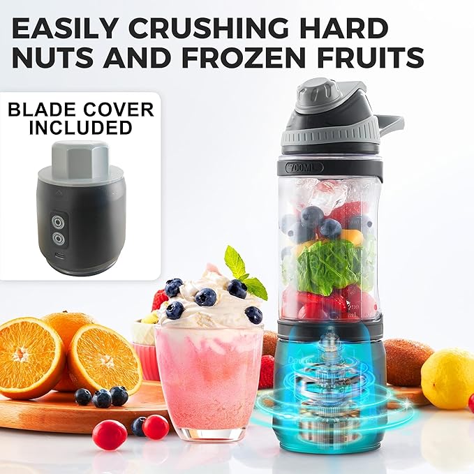 Portable Blender, Anti-Jamming 300 Watt for Shakes and Smoothies, 24oz Travel Blender USB Rechargeable, BPA Free Sporty bottle with a Travel Lid. (Black Base Grey Lid) (Black with Insulated Sleeve)