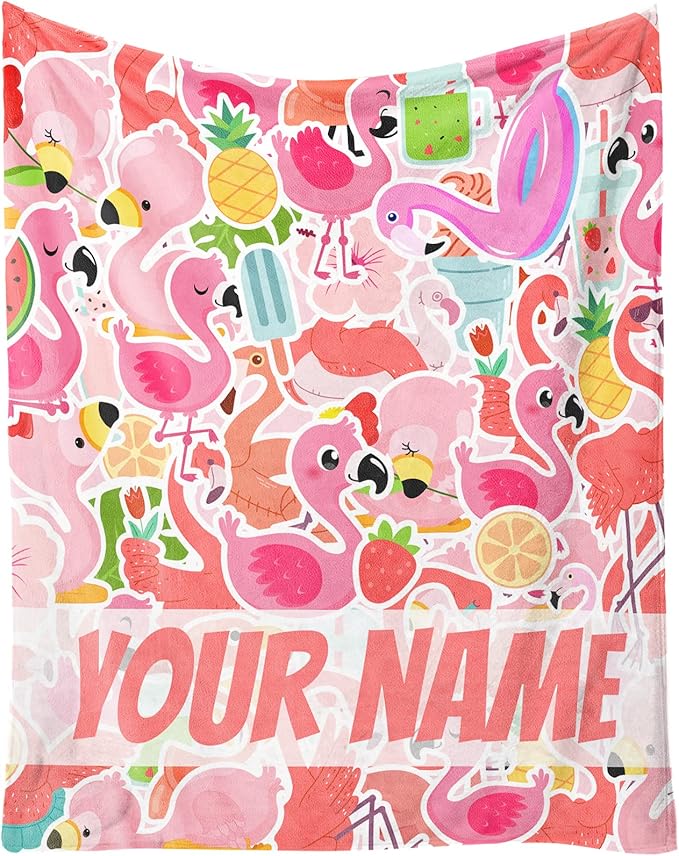 Custom Flamingo Blanket Gifts with Name - 50 x 60 Inches Funny Flamingo Throw for Teens - Pink Fluffy Warm Cozy Blankets for Travel