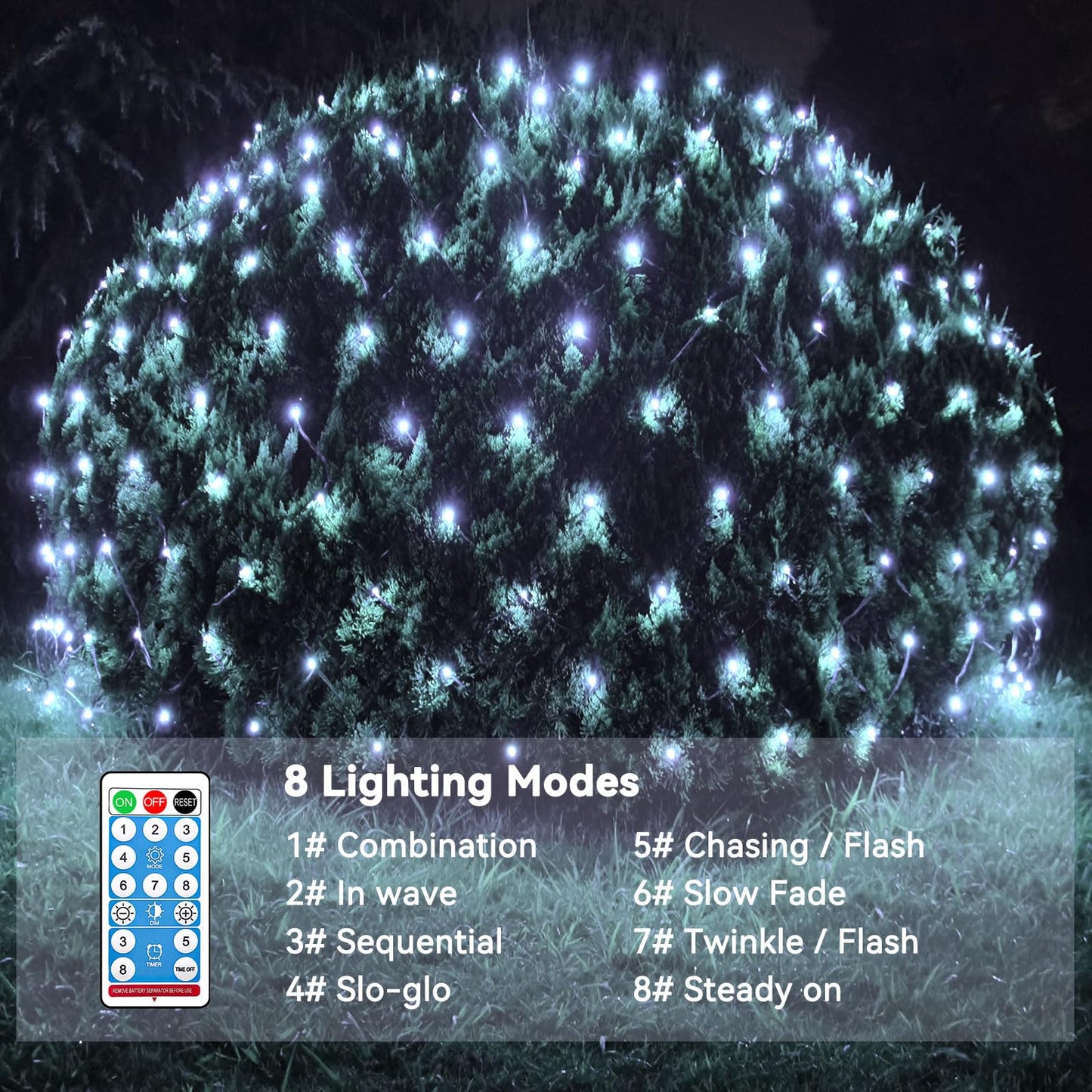 FunNite Solar Net Lights 21ft x 5ft, 360 LED Waterproof Mesh, Remote Control, Cool White, Model LR-(1-1000) L-SL01