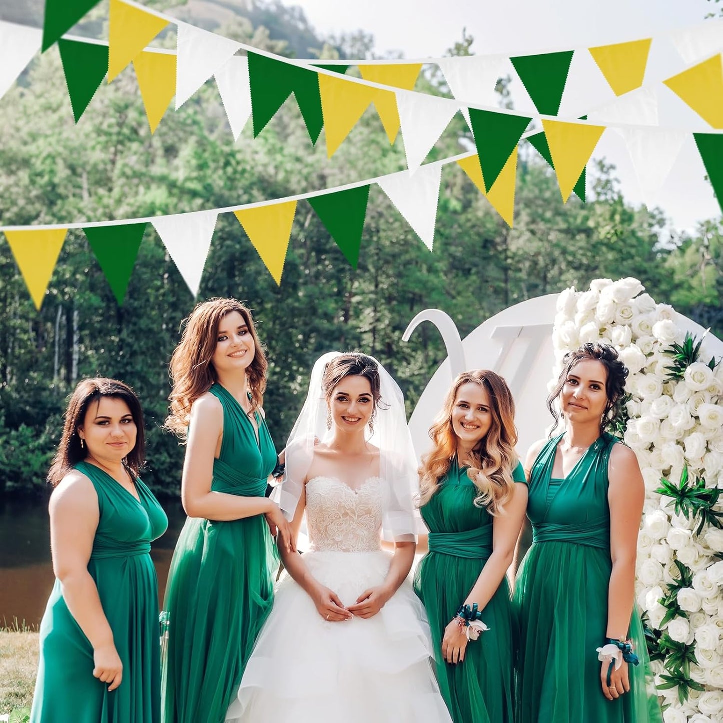 jijAcraft 39Ft Yellow Green White Banner, Golf Party Decor Triangle Flag, Tea Party Fabric Bunting Garland, Partys Decor Pennant Hanging Banner for Spring Summer, Birthday, Wedding