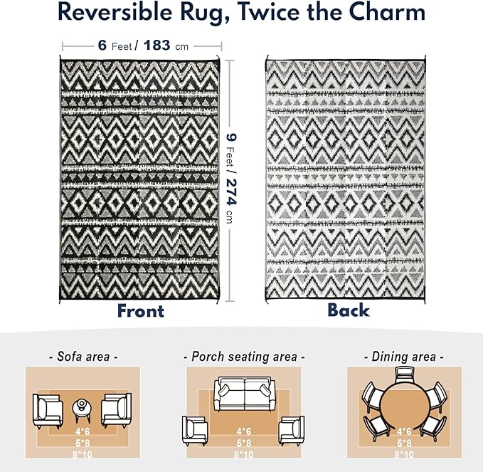 Waterproof Outdoor Rug 6x9 ft, Reversible Plastic Straw Rug, Easy to Clean Patio Rug, Portable Carpet for Patio, RV, Deck, Balcony, Backyard, Picnic, Beach, Geometric Diamond, Gray