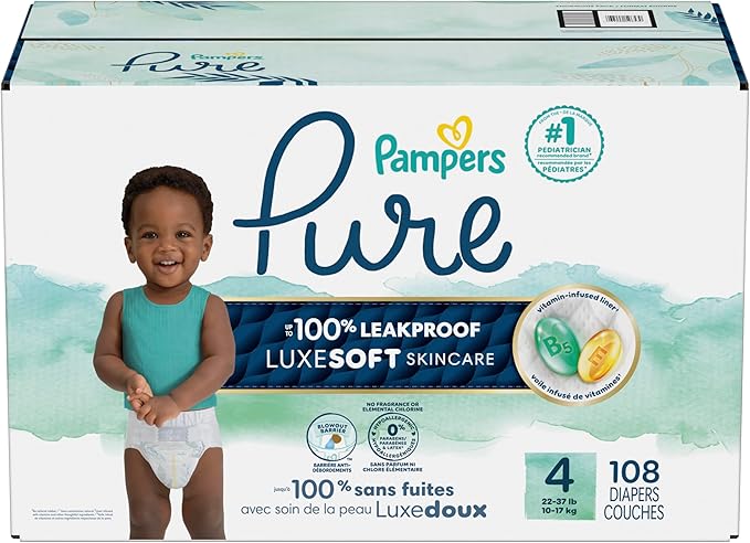 Pampers Pure Protection Baby Diapers, Size 4 (22-37 lbs), 108 Count, Up to 100% Leakproof, Premium Plant-Based Skin Protection, Hypoallergenic Soft Diapers