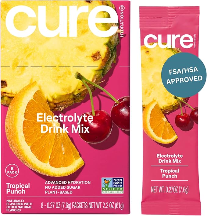 Cure Hydration Plant-Based Electrolyte Drink Mix | No Added Sugar | Dehydration Relief | Coconut Water Powder | FSA-HSA El...