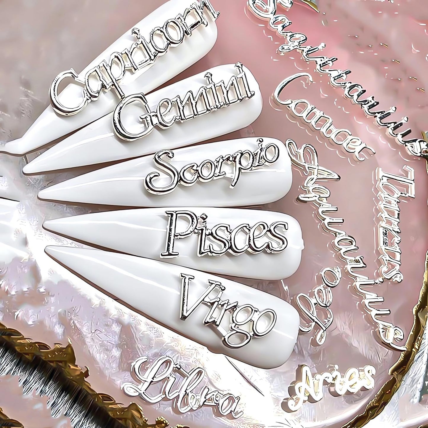 24 PCS Constellation Charms, 3D Silvery Zodiac Letters for Nail Art, Alloy Metal Rhinestones, Kawaii Jewels for Women's Nails an