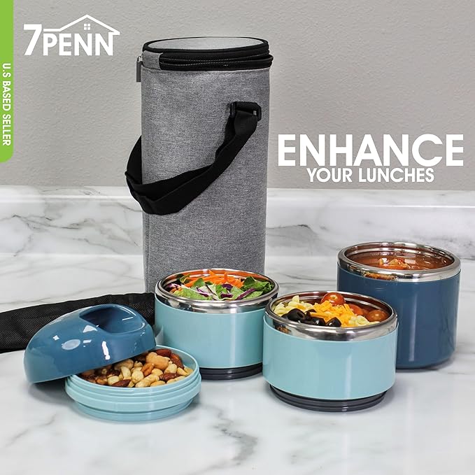 7Penn Insulated Lunch Box Containers 43 oz Capacity - 3 Tier Stackable Stainless Steel Thermal Lunch Box - Keep Warm Cylinder Adult Portable Insulated Lunch Container Set for Hot Food on the Go