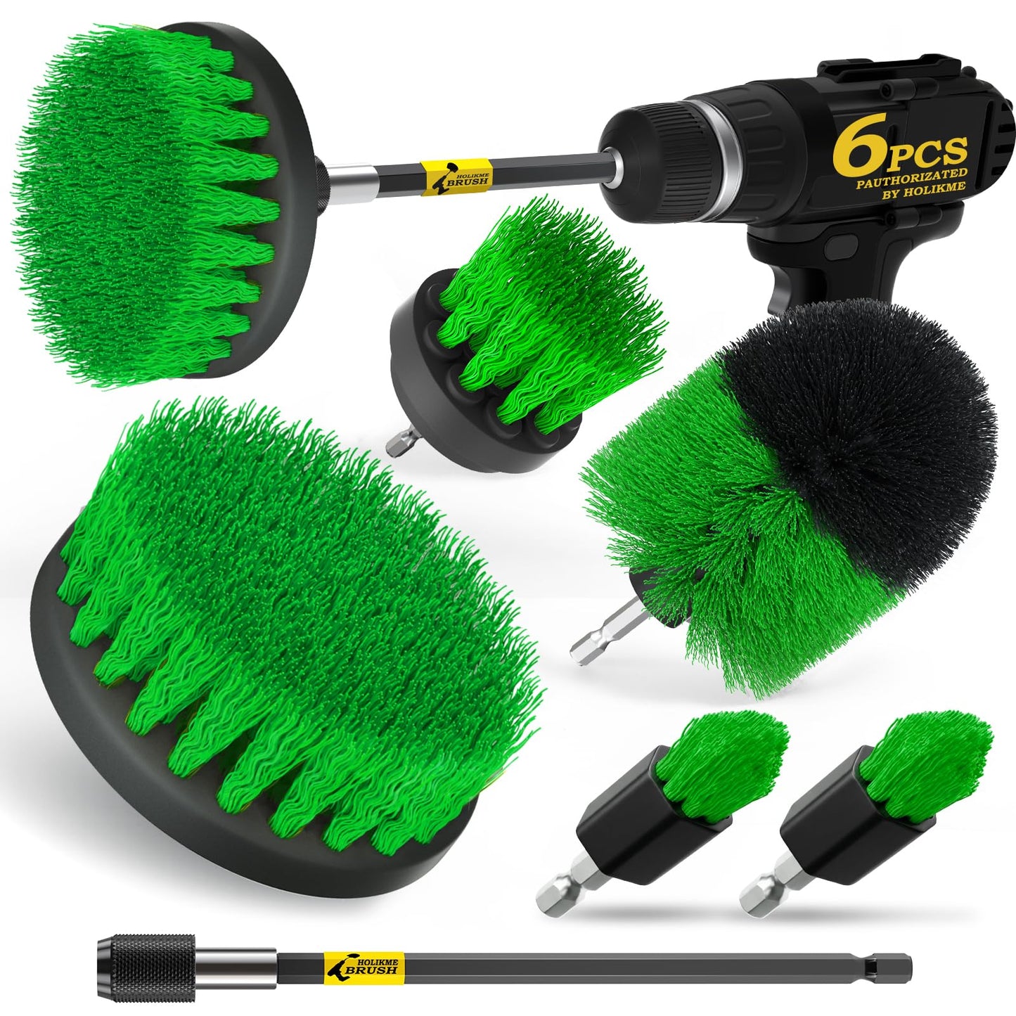 Holikme 6Pack Drill Brush Power Scrubber Cleaning Brush Extended Long Attachment Set All Purpose Drill Scrub Brushes Kit for Grout, Floor, Tub, Shower, Tile, Bathroom，Scrub Brush Green