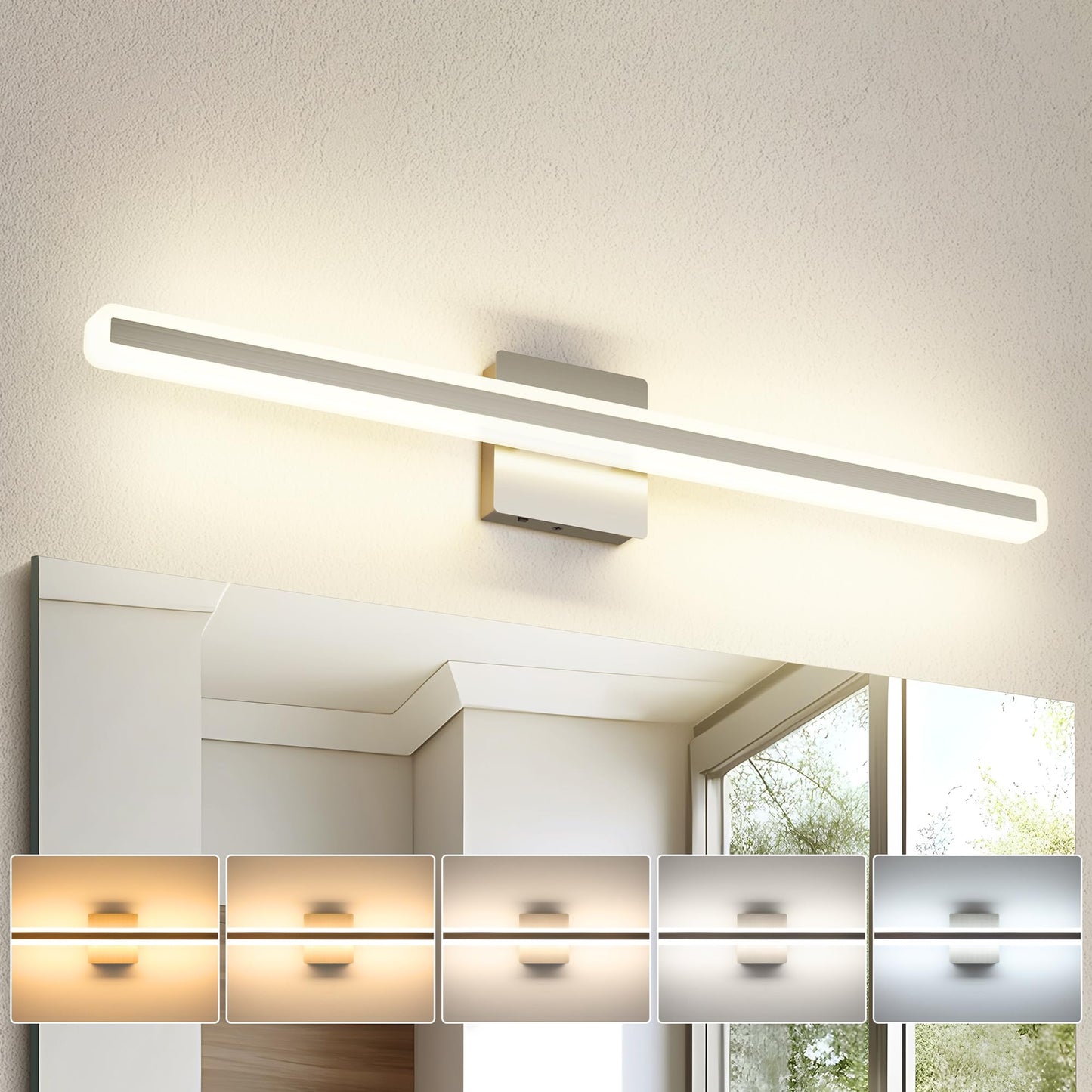 Jusheng Brushed Nickel Vanity Lights For Bathroom  5Cct Dimmable Vanity Light Bar  Modern Led Bathroom Lighting Fixtures Above Mirror 32 Inch 24W