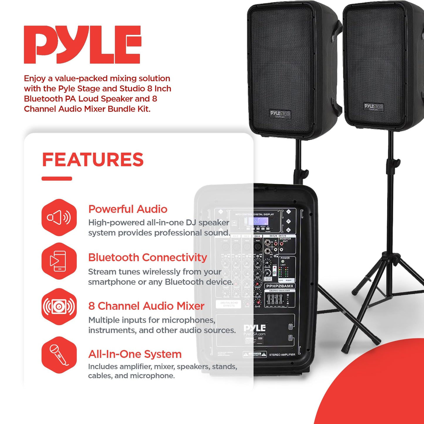 Pyle Pa Speaker Dj Mixer Bundle - 300 W Portable Wireless Bluetooth Sound System W/ Usb Sd Xlr 1/4 Rca Inputs - Dual Speaker, Mi