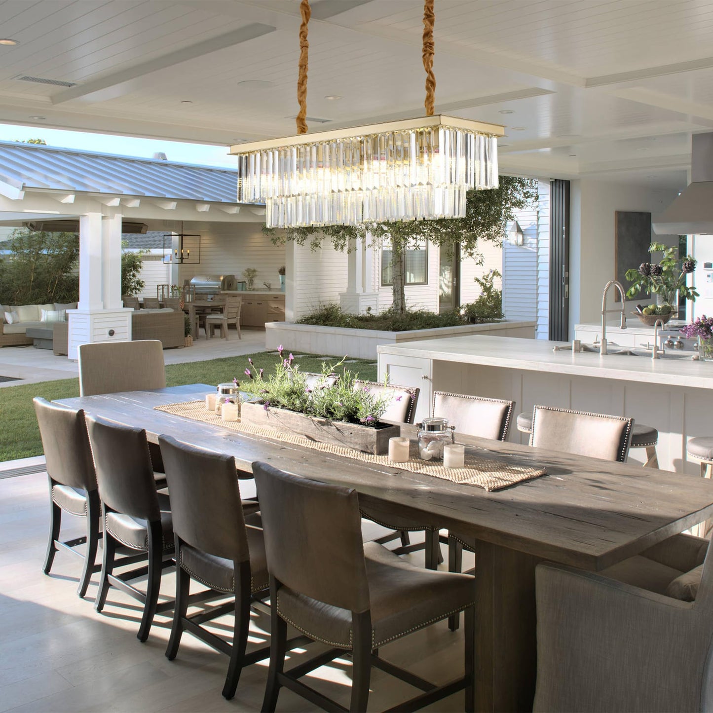 Laiuetai Gold Rectangular Chandelier 31.5 Inch - 8-Light stylish Modern Crystal Pendant Height-Adjustable Lighting Fixture For Dining Room  Kitchen Island & Bar - enhanced K9 Crystals(Gold  L-31.5)