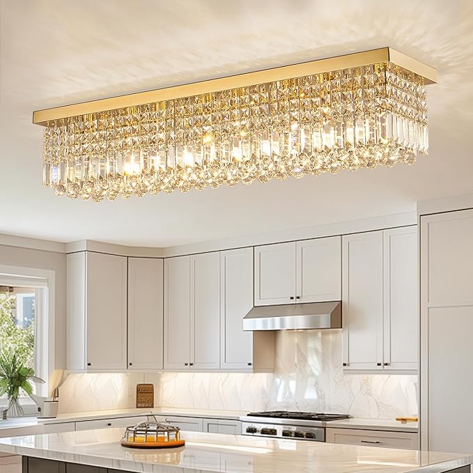 Siljoy 8-Lights Rectangular Flush Mount Ceiling Light Gold Rectangle Modern Crystal Chandelier Farmhouse Close to Ceiling Raindrop Pendant Light Fixture for Dining Living Room Kitchen Island L40''