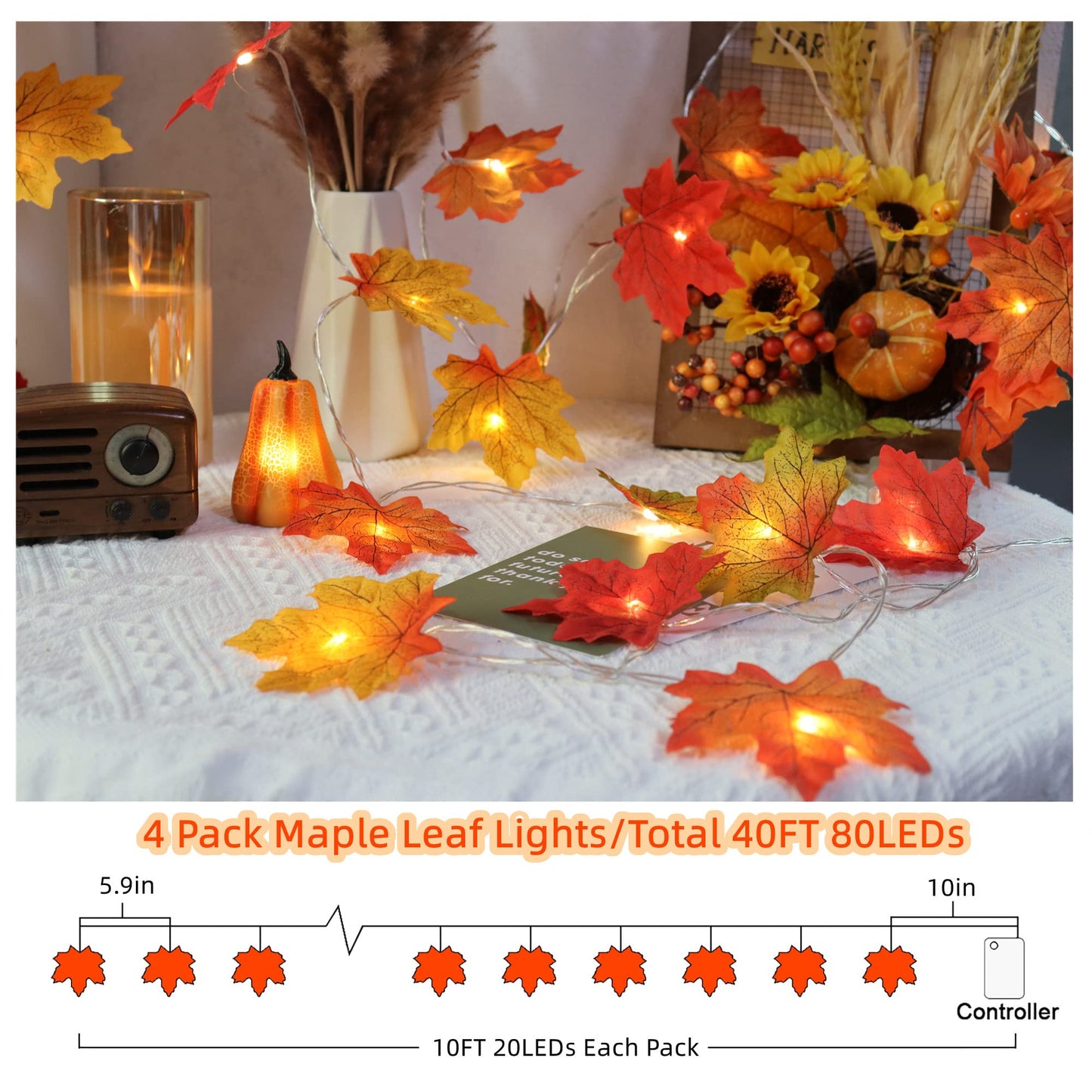 Runleo Maple Leaf Lights Garland, 40Ft, 80LED, Battery Operated, Orange, 4 Pack, Autumn Harvest Decor