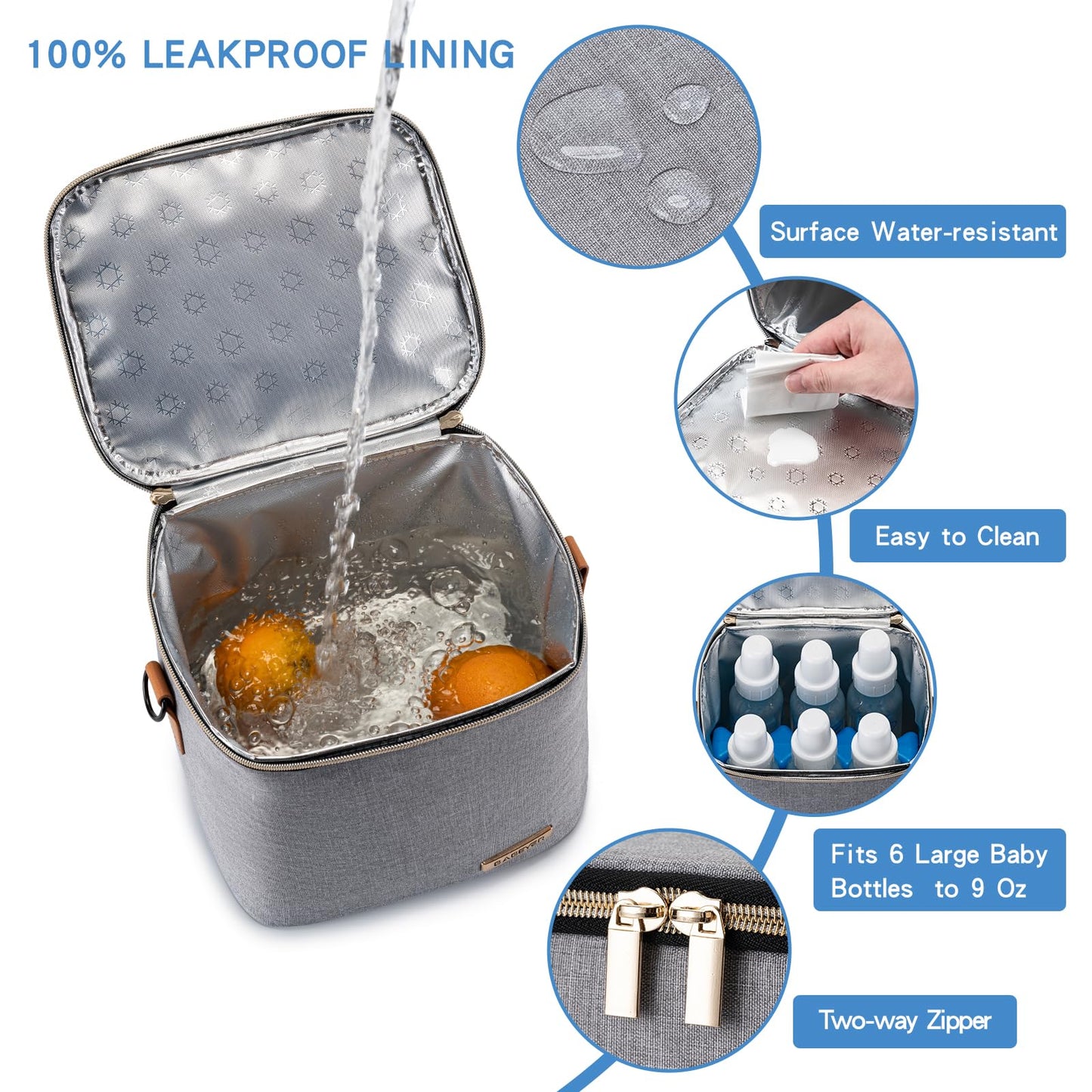 BABEYER Breastmilk Cooler Bag with Ice Pack Fits 6 Baby Bottles Up to 9 Ounce, Baby Bottle Bag with Shoulder Strap for Nursing Mom Daycare, Grey