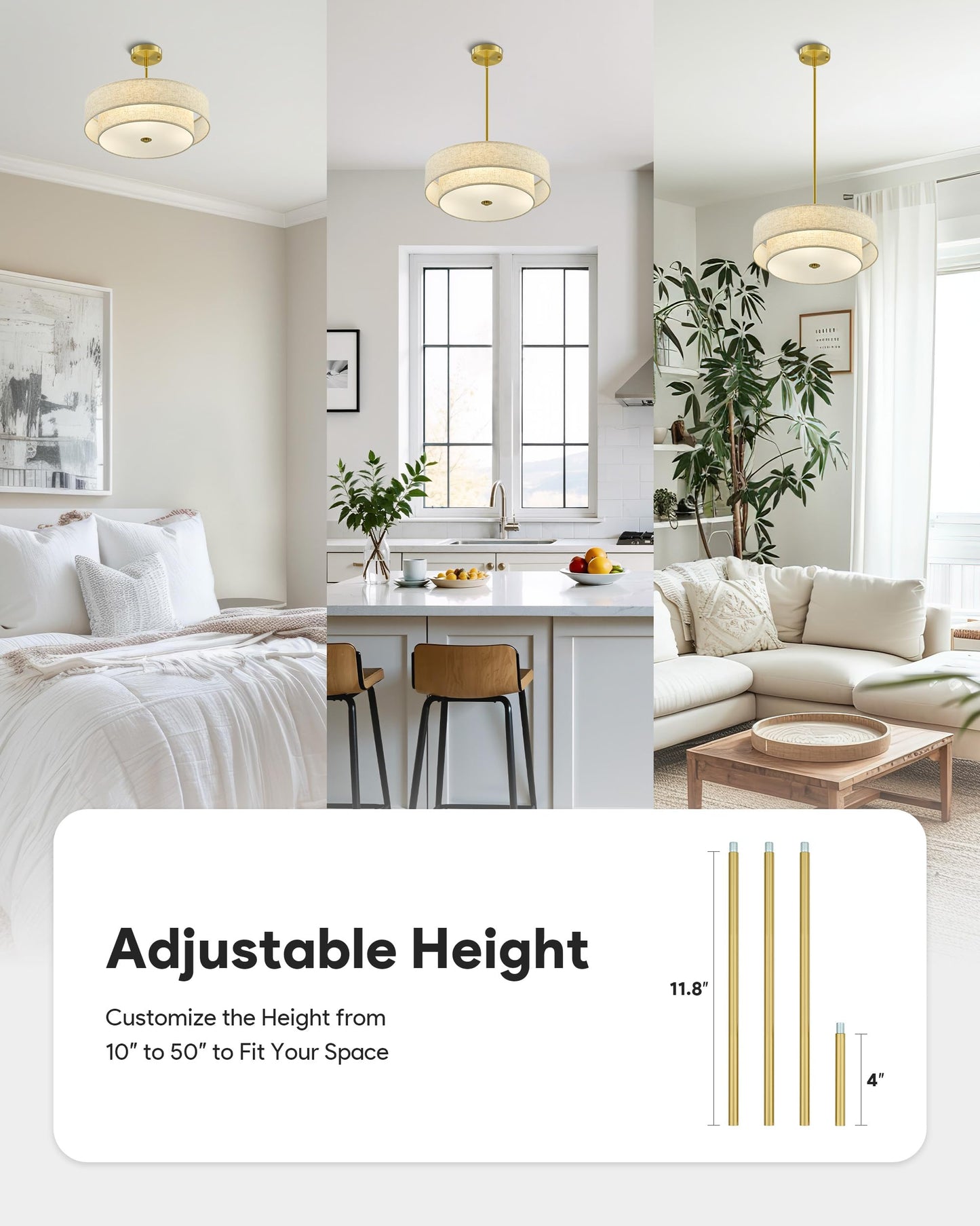 Vonluce 18 Modern Drum Chandelier, 4-Light Pendant Light Fixture, Gold Fabric Shade, Model Hcf1018Gd For Dining Room, Bedroom, Living Room
