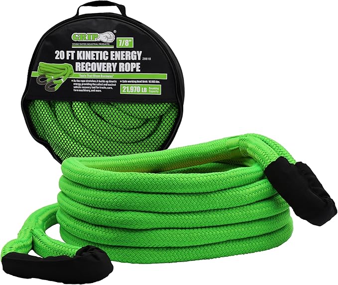 Grip 20' x 7/8" Kinetic Energy Recovery Rope - Breaking Capacity: 21,970 lbs - Truck, ATV, Jeep, UTV, Tractor - Emergency,...