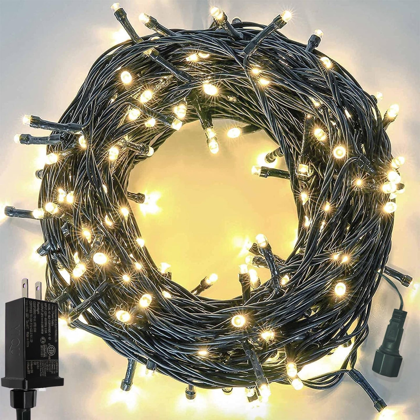 YIQU 1000 LED String Lights, 330FT Green Wire, Warm White, Waterproof, 8 Modes, Indoor/Outdoor, Model GP-SW290DC0310-IP44