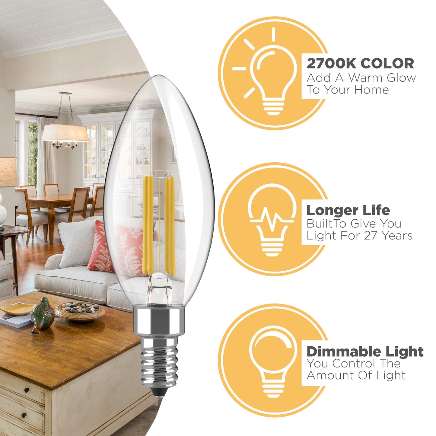 Hudson Bulb Co. Dimmable E12 Led Candelabra Bulb Set - 4W, 2700K Warm Light - 6 Count, Vintage Style For Chandelier And S