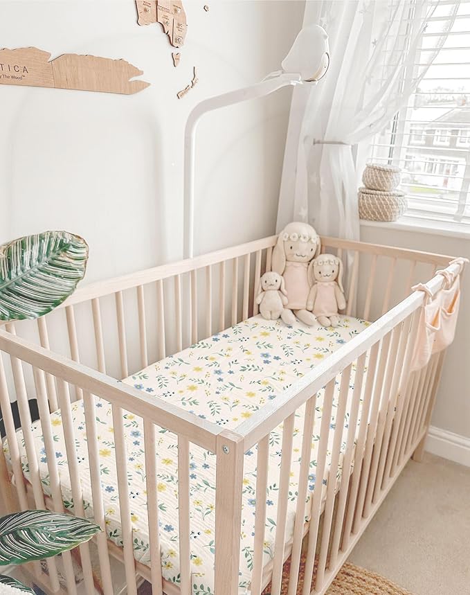Pack and Play Sheets for Baby Boy and Girl 2 Pack, Neutral Muslin Cotton Pack N Play Mattresses Sheet 27"x39", Muslin Nursery Bedding Soft and Breathable Comfort (Spring Garden & Sage)