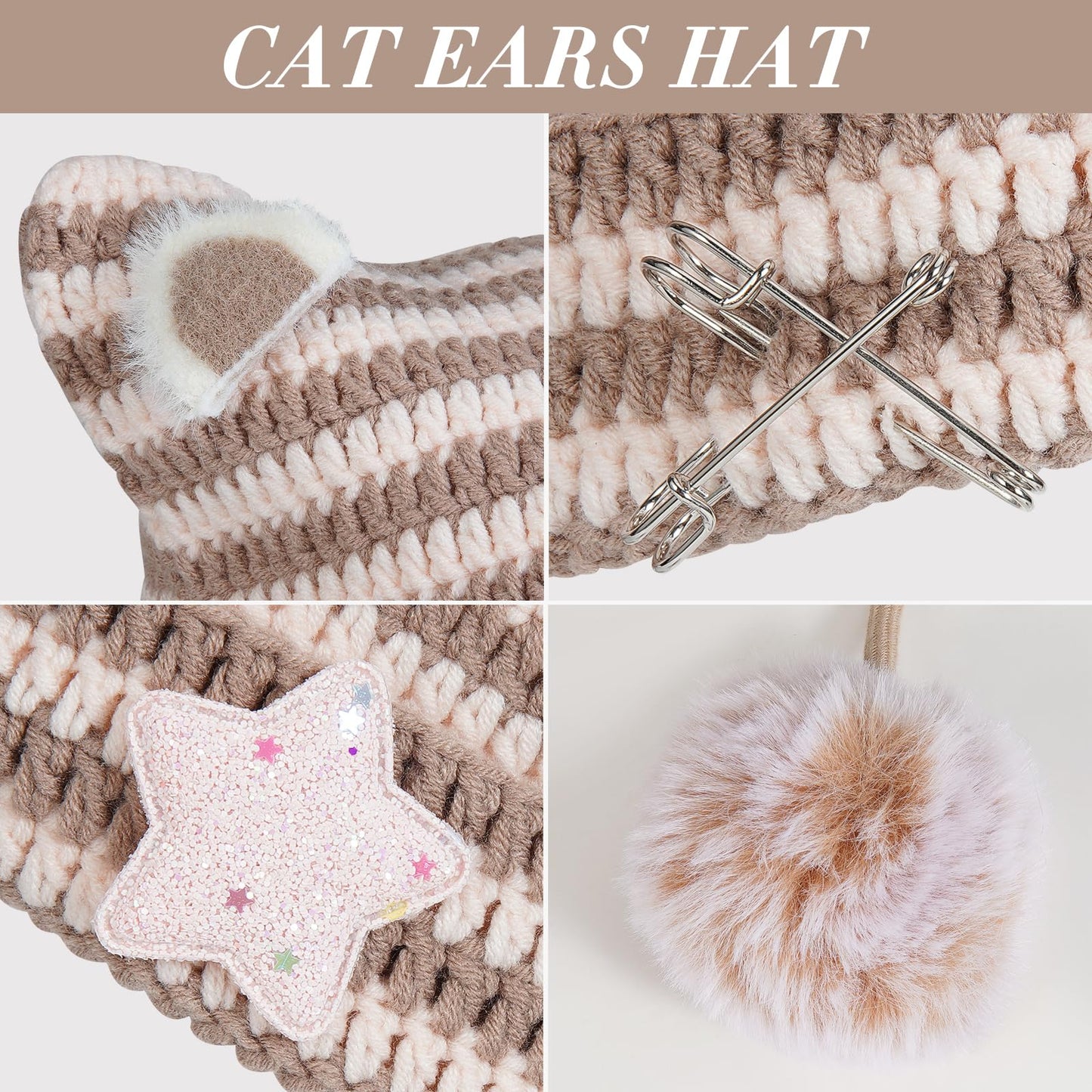 Cat Ear Beanie Y2K Hat, Women Girl Emo Crochet Striped Grunge Goth Star Pom Aesthetic Knit Kawaii Alt Cute Slouchy Skull Cap (Khaki Beige)