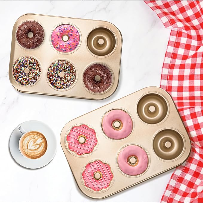 2PCS Donut Pan Carbon Steel 6-Cavity Donut Pan for Baking Doughnut Nonstick & Easy Clean & Dishwasher Safe Donut Mold for Cake, Dessert & Bagel (Champagne Gold)