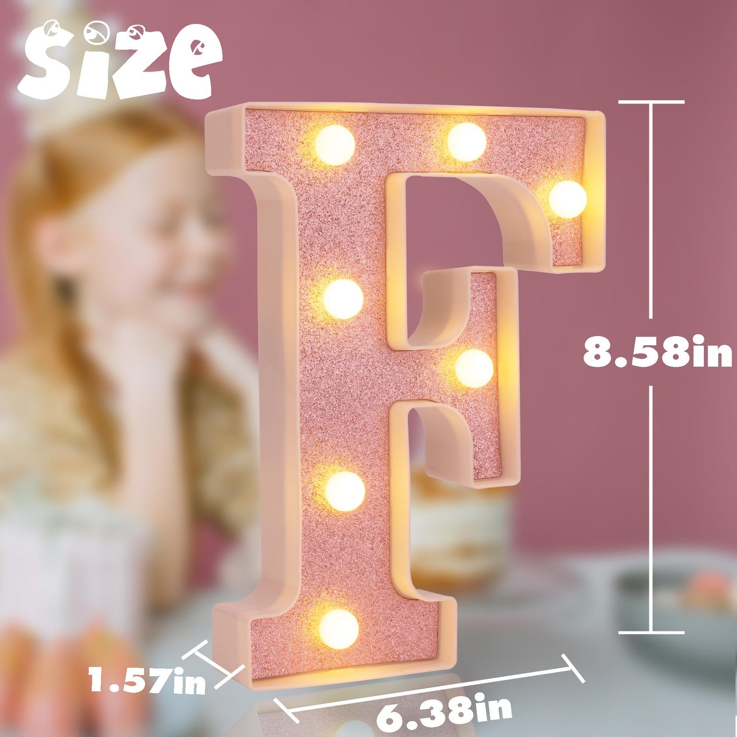 DyingSwan Small LED Marquee Letter F, 8.58 Inch Light Up Sign, Battery Powered, Pink Glitter Plastic Decor