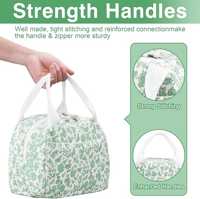 Lunch Bag - Insulated Lunch Box for Women, Reusable Large Capacity Cooler Bag for Adult, Small Leakproof Cute Corduroy Lunch Tote for Work Office Travel Picnic (Corduroy Green-Flower)