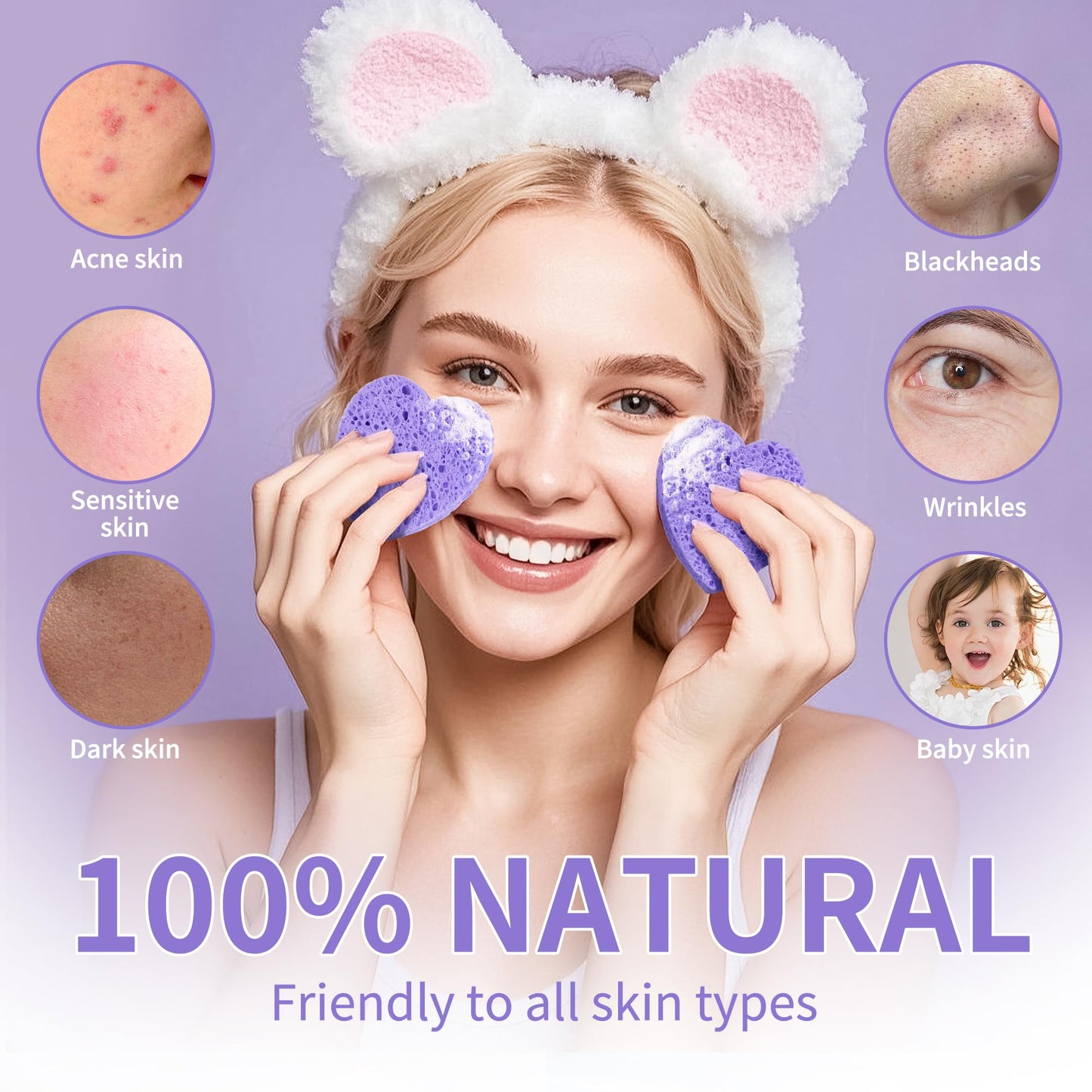 100-Count Compressed Facial Sponges, Heart Shape Face Sponge for Cleansing, Natural Cosmetic Spa Sponges for Facial Cleansing, E