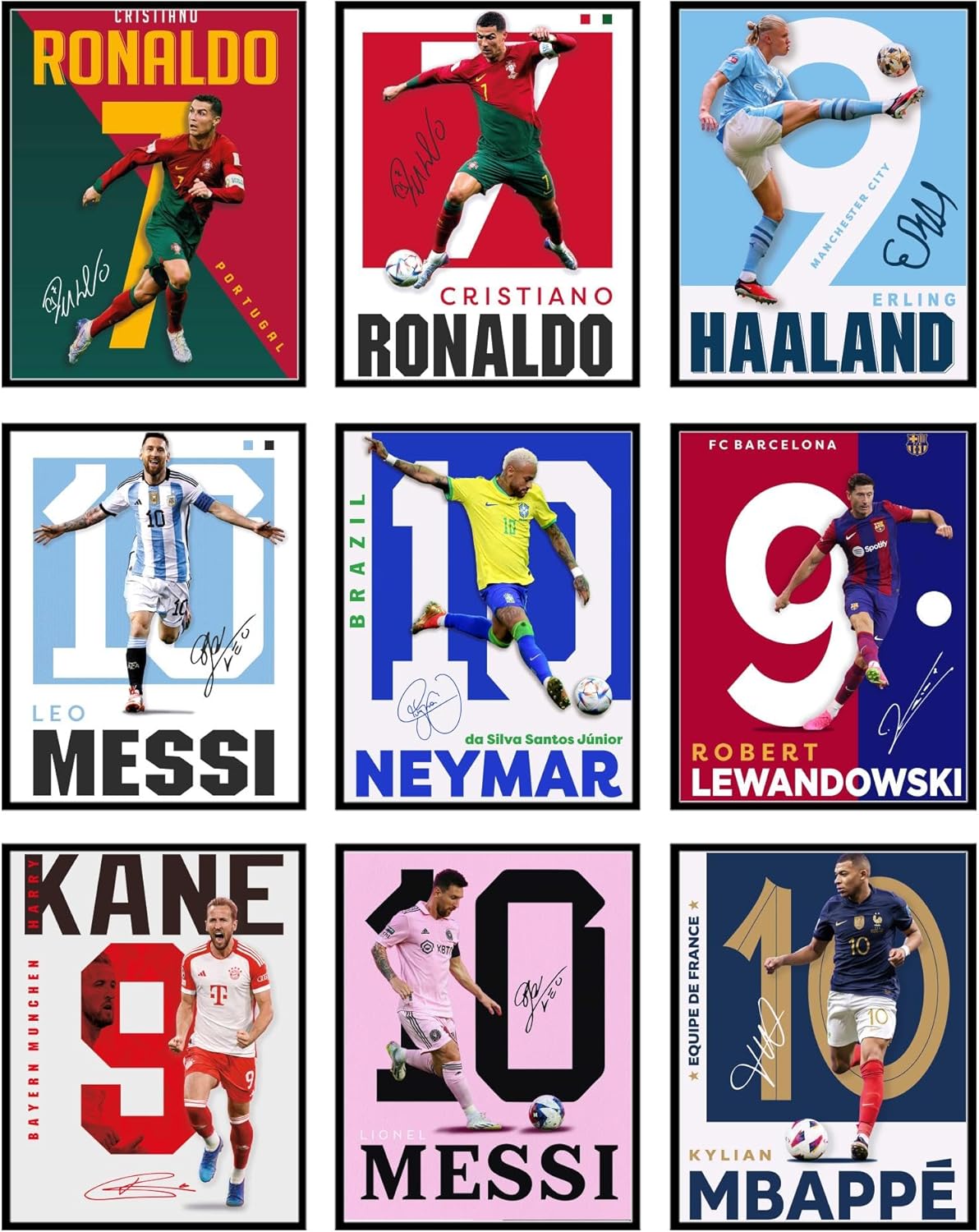 BigWig Prints Soccer Poster - Soccer Decor For Boys Bedroom, Messi And Ronaldo Poster, Messi Posters For Boys Bedroom, Mbappe Wall Art, Neymar Wall Art, Ronaldo Posters - Unframed Set Of 9 (8x10”)