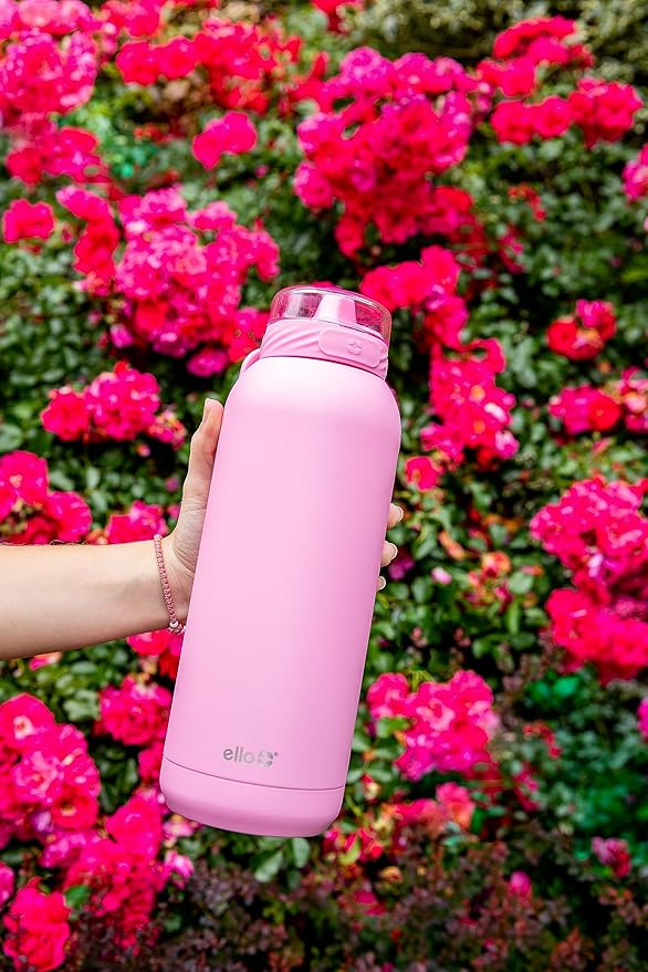 Ello Cooper 40oz Stainless Steel Water Bottle with Straw and Carry Handle, Double Walled and Vacuum Insulated Metal, Leak Proof Locking Lid with Soft Silicone Spout, Reusable, BPA Free, Bubblegum