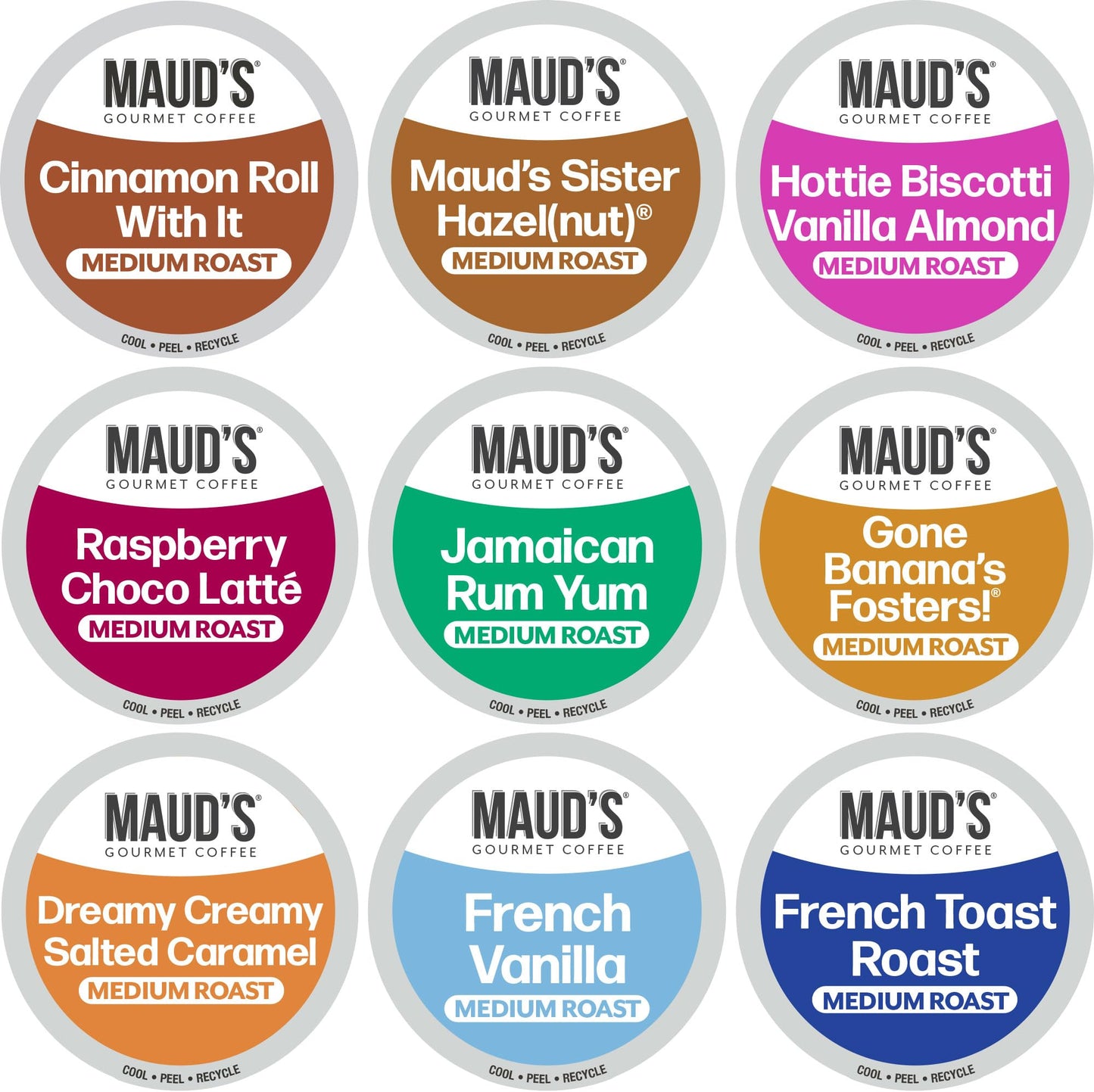 Maud s Flavored Coffee Pods Variety Pack, 40 ct, 9 Assorted Flavors, Medium Roast Flavored Coffee in Recyclable Single Serve Po