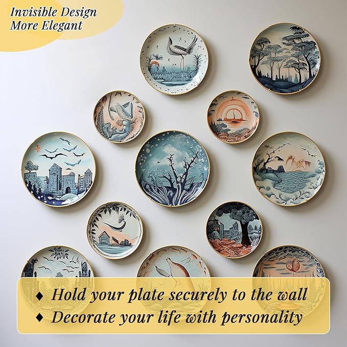 7 Pieces Plate Hangers for Wall - 6/8/10/12 Inch Invisible Plates Hanger, Stainless Steel Plate Holders with 7 Pieces Wall Hooks for 5.5 to 12.5 Inch Decorative Plates and Arts (Gold)