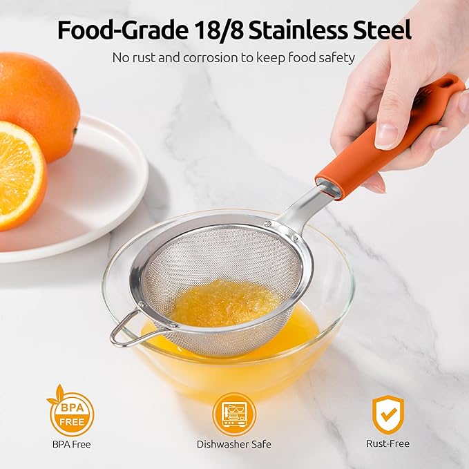 U-Taste Fine Mesh Food Strainer: 18/8 Stainless Steel 30 Mesh Kitchen Sieve with Sturdy Riveted Silicone Handle, Heavy Duty Deep Handheld Metal Colander (Small/3.35in+Medium/4.73, Orange)