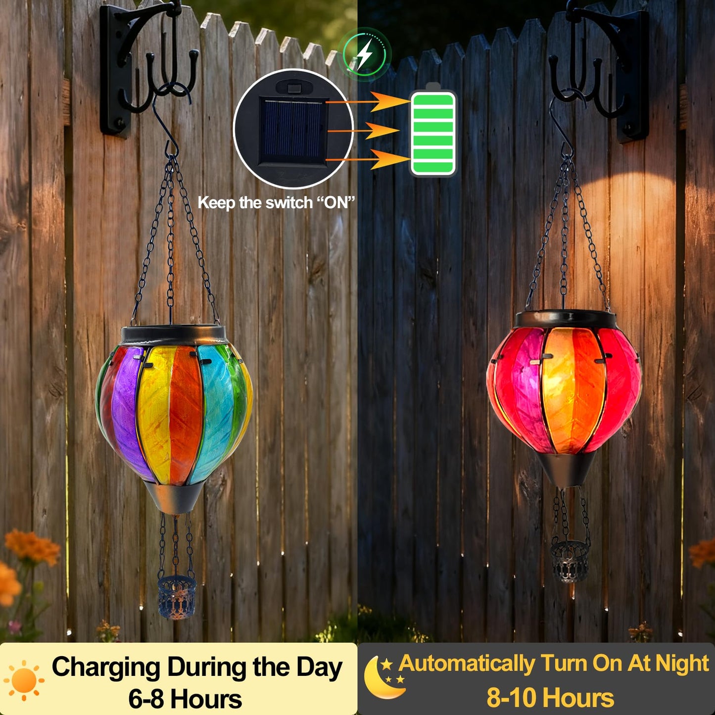 Twirleternity 2Pcs Hot Air Balloon Solar Lantern (Metal Shepherds Hook) (Flickering Flame) (Efficient Solar Panel Power) Hanging Lanterns Outdoor Waterproof Thanksgiving Gifts Colorful Rainbow