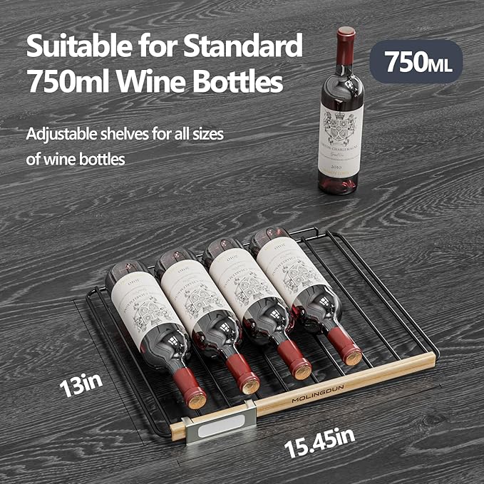 Wine Fridge, 33 Bottles Freestanding Wine Cooler, Intelligent Compressor, Frost Free, Glass Door, 41-64℉ Adjustable Digital Temperature Control, for Red, White, Champagne or Sparkling Wine