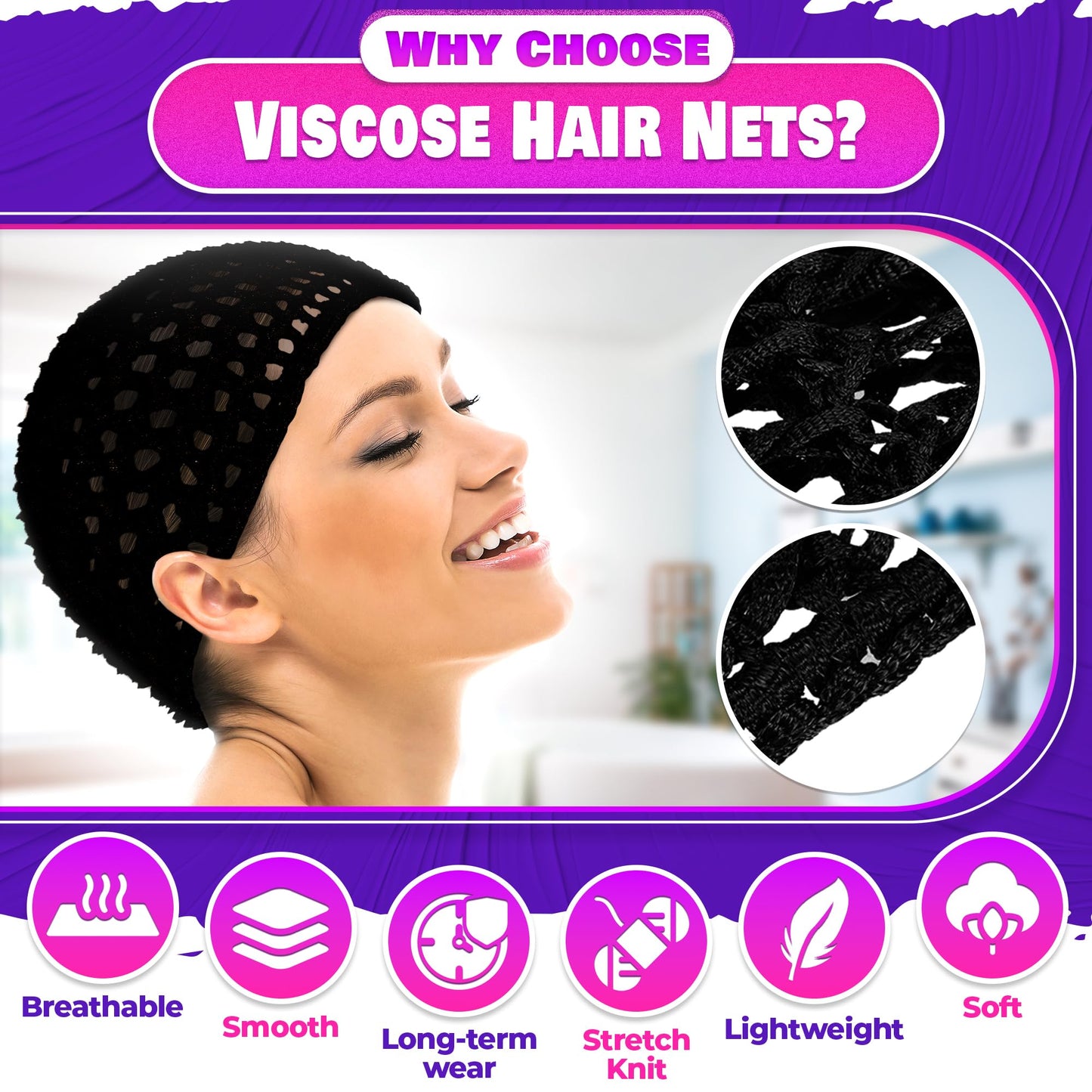 4 Pcs Black Hair Net for Women – 5.5 x 7" Soft, Lightweight Viscose Hair Nets for Sleeping – Stretchable, Breathable, Comfortable for Extended Wear, Size May Vary by 0.5–1" – Gentle for Daily Use