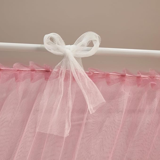 4 Corners Post Princess Curtain Bed Canopy Lace Up Double Layer 4 Opening Mosquito Net Mesh for Girls Bedroom Decoration(Pink/White, 53" W*78" L*82" H/Full)