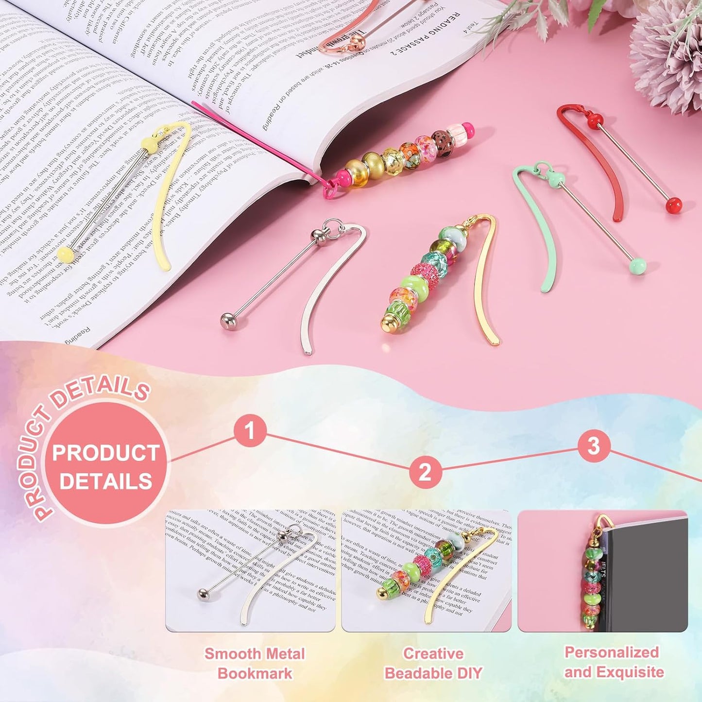 PATIKIL Beadable Bookmarks, 10 Pcs Beaded Bookmark DIY Metal Blank Bar Bulk for Bookmark DIY Making Craft, Beading Pendant Charm, Multicolored
