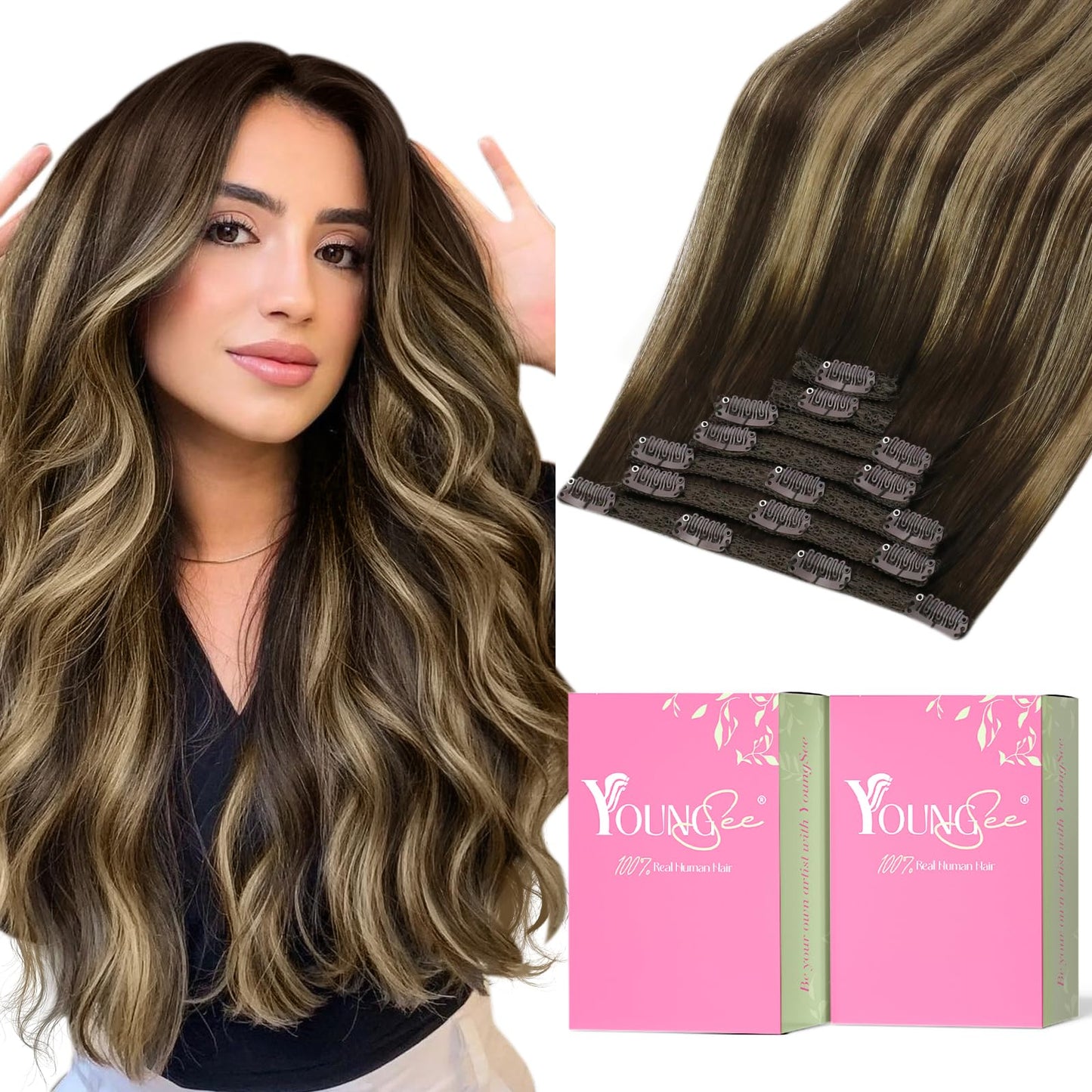 YoungSee Clip in Hair Extensions Balayage Brown Hair Extensions Clip ins Lace Clip in Hair Extensions Real Human Hair Balayage C