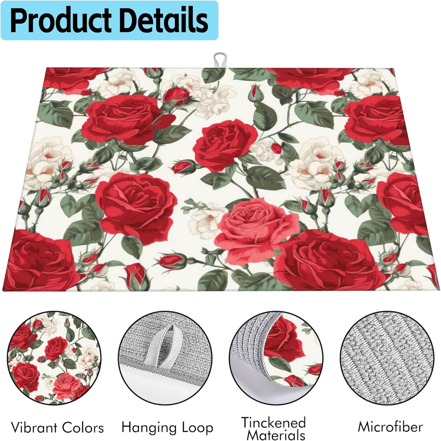 Large Dish Drying Mat for Kitchen Counter,18"X24" Red Rose Flowers Super Absorbent Reversible Microfiber Dish Drying Mat Dish Drainer Mat,Dishes Mat Drying Pad for Kitchen Countertop Coffee Bar