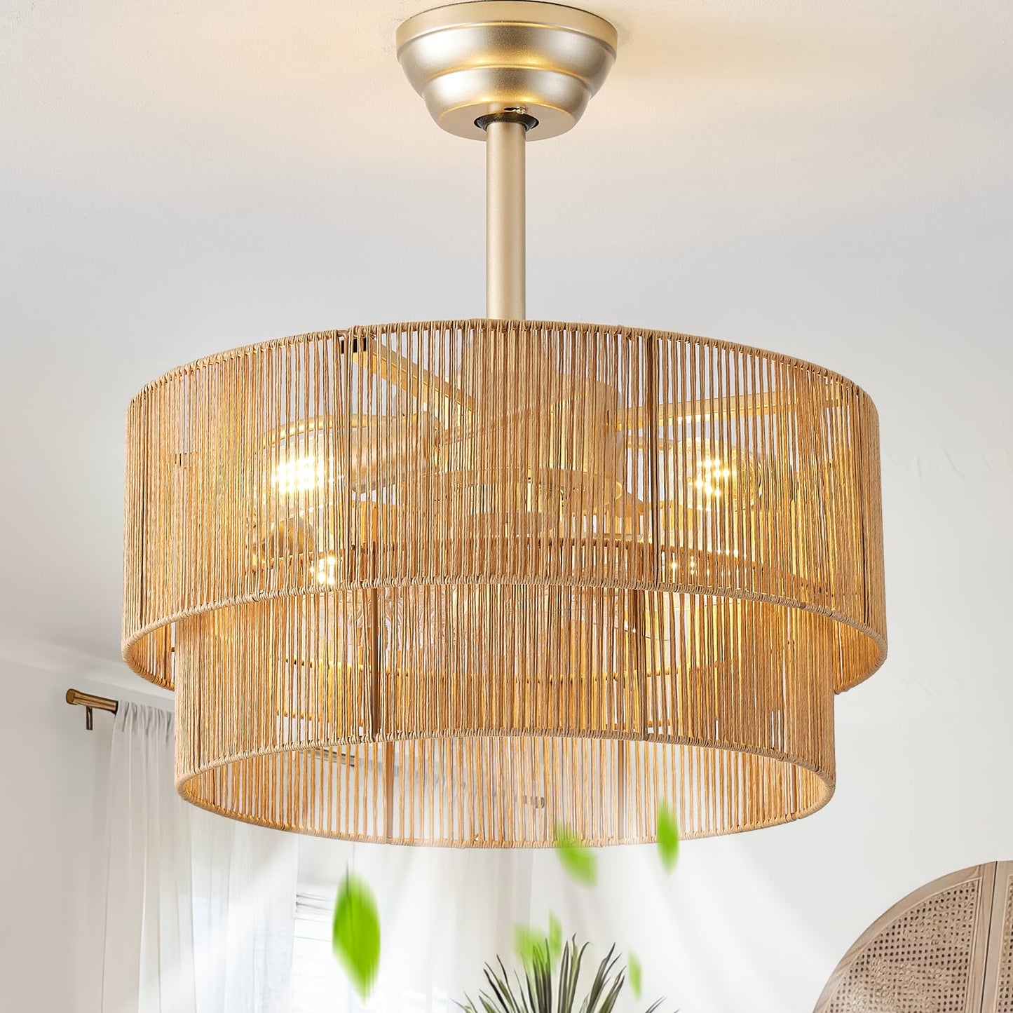 Glmthux 20in Boho Fandelier Ceiling Fan with Light, Rattan, Remote Control, 6 Speeds, Yellow