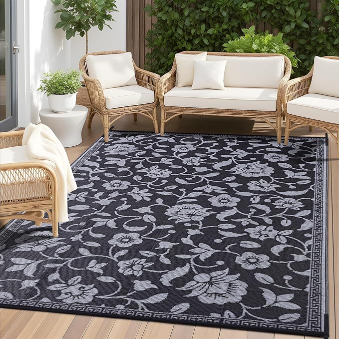 OLANLY Waterproof Outdoor Rug 9x12 ft, Outdoor Plastic Straw Rug with Flower Pattern, Reversible RV Mat for Patio, Camping, Balcony, Deck, Backyard, Black & Grey