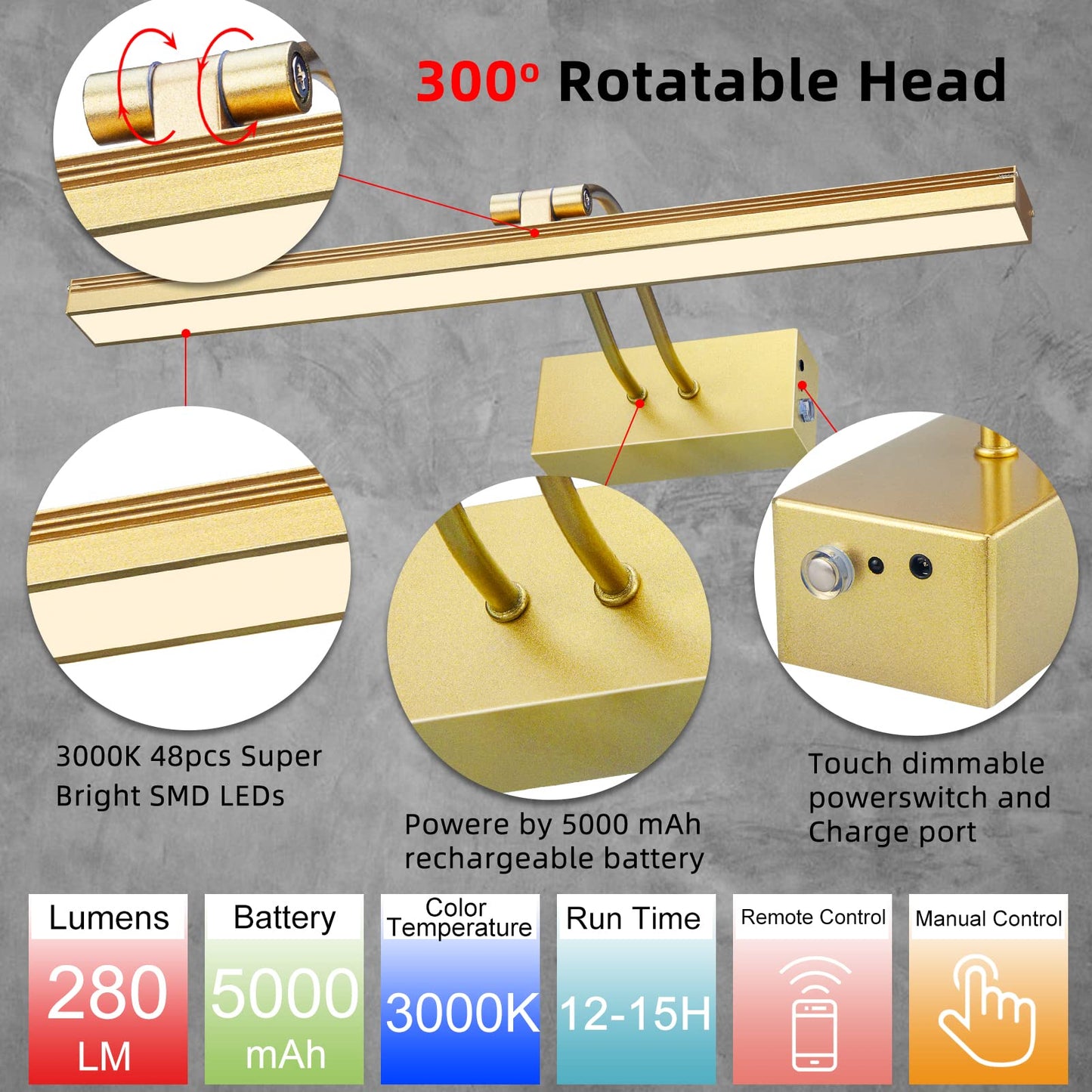 FUNCHDAY Picture Light - Battery Operated, Wireless Remote, Dimmable, 16in Metal Art Light, Gold, Model FC70155-AN