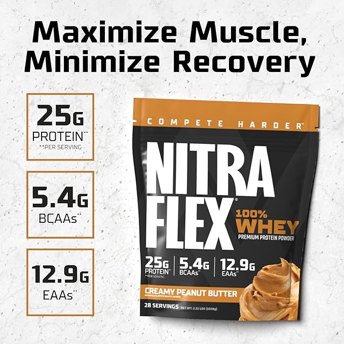 GAT SPORT Nitraflex Peanut Butter Whey Protein Powder, Loaded with BCAAs, EAAs, Recovery Shake for Men & Women, 2lbs
