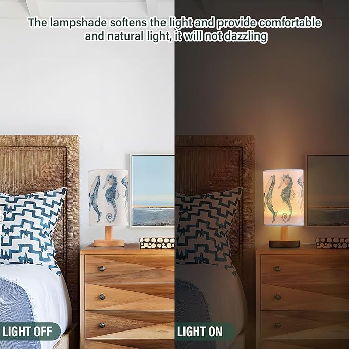 Table Lamp Watercolor Ocean Fish Jellyfish Whale Seahorse Blue Sea Life Animal Nightstand Lamp with Wood Base Fabric Lamp Shade Bedside Desk Lamp for Living Room Bedroom Kids Room Office