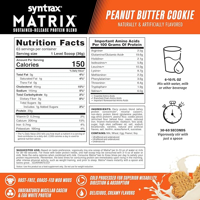 Syntrax Nutrition Matrix Protein Powder, Sustained-Release Protein Blend, Real Cookie Pieces, Peanut Butter Cookie, 5 lbs