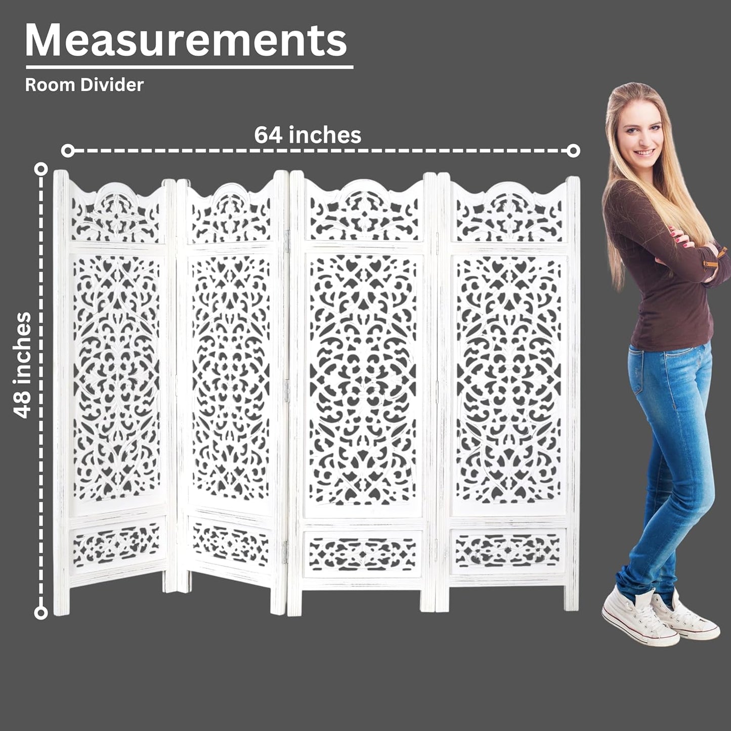 Room Divider Wood Screen Panel – Antique White, 4-Panel Folding 64"x48", Hand-Carved, Reversible Privacy Partition, Decorative & Functional Portable Room Divider for Home or Office